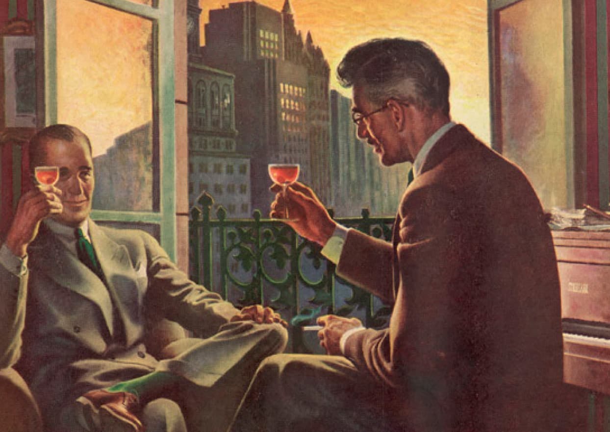 1943 Four Roses advertisement of two suited gentlemen, toasting with city in the background outside of open window.